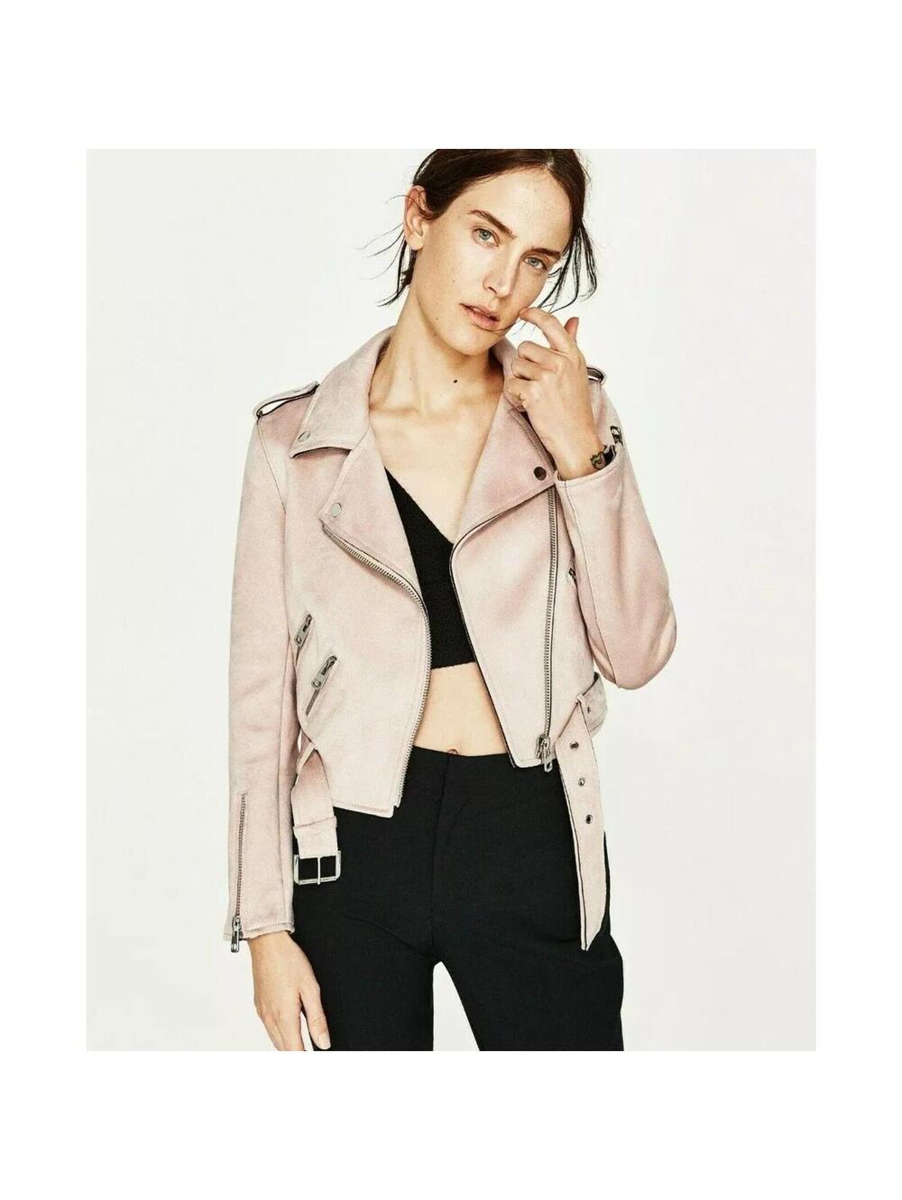 NWT Zara pale Pink Faux Suede Moto Jacket thick so adorable L